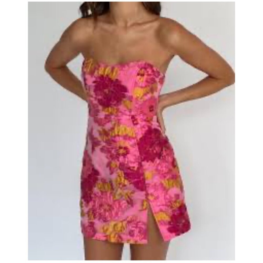 Showpo Brailey Strapless Jacquard Mini Dress In Pink Floral Size 6